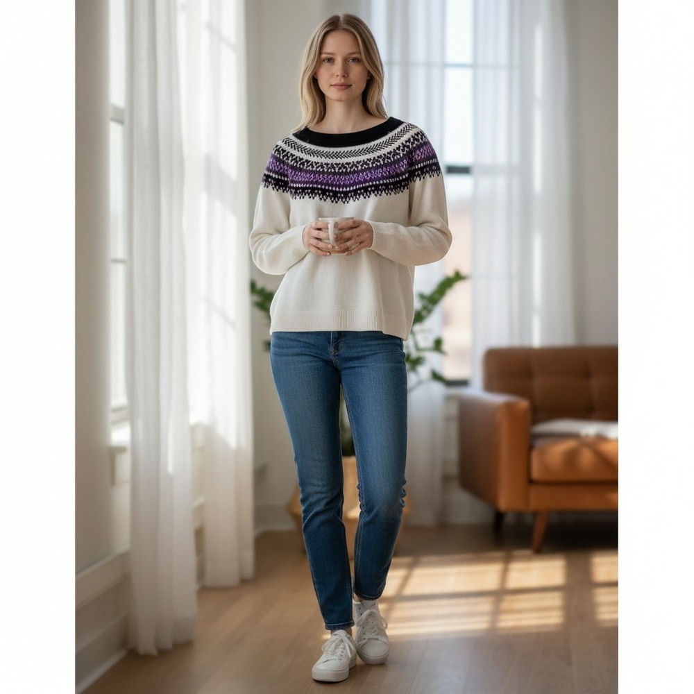 Talbots Sweater Women XLp Fair Isle Yoke Purple White Excellent